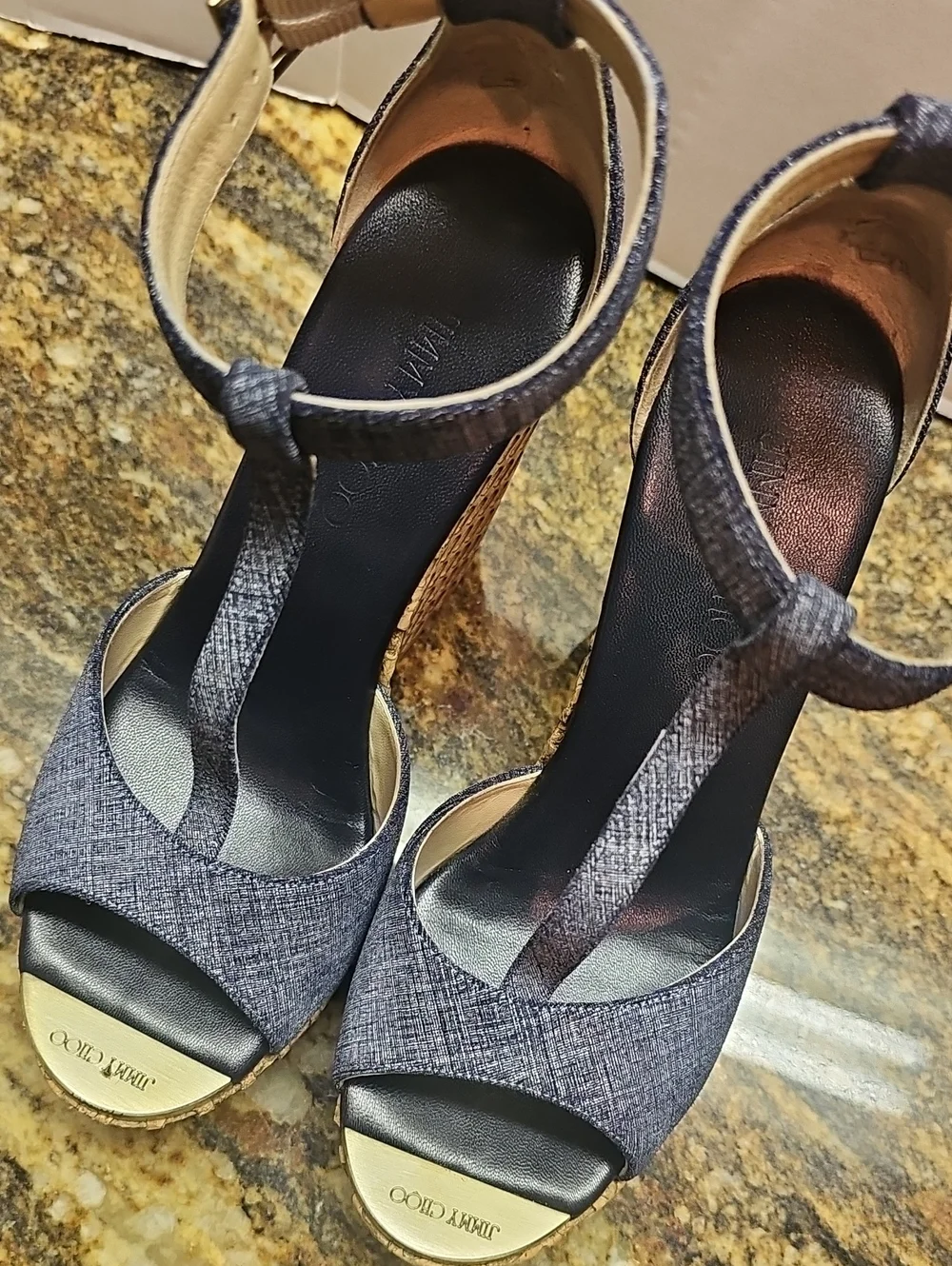 Jimmy Choo Pela Denim Blue T- Strap Wedge Sandals